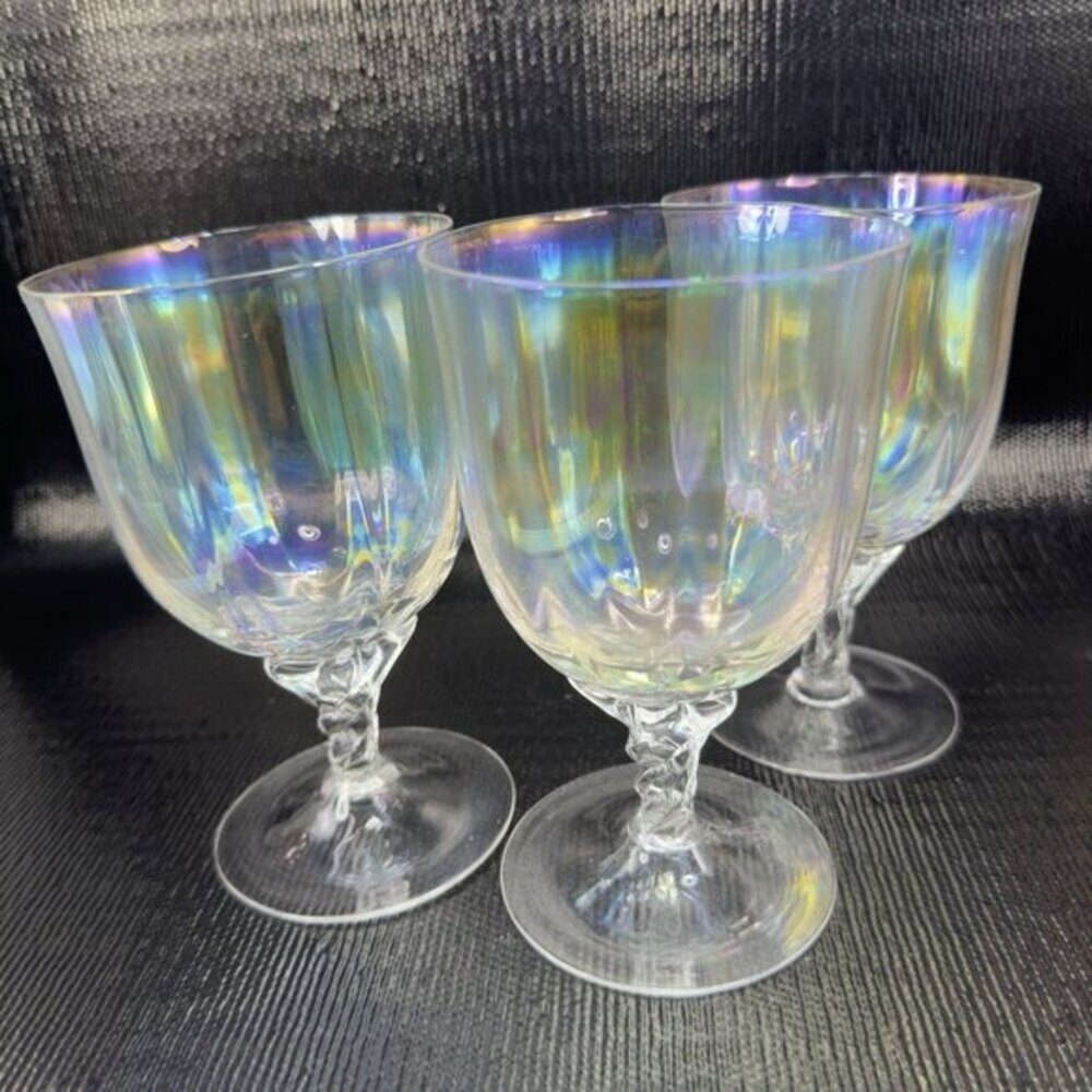 Vintage Iridescent Glass Footed Glasses Cups Drinking Goblets Twisted Stem Set 3